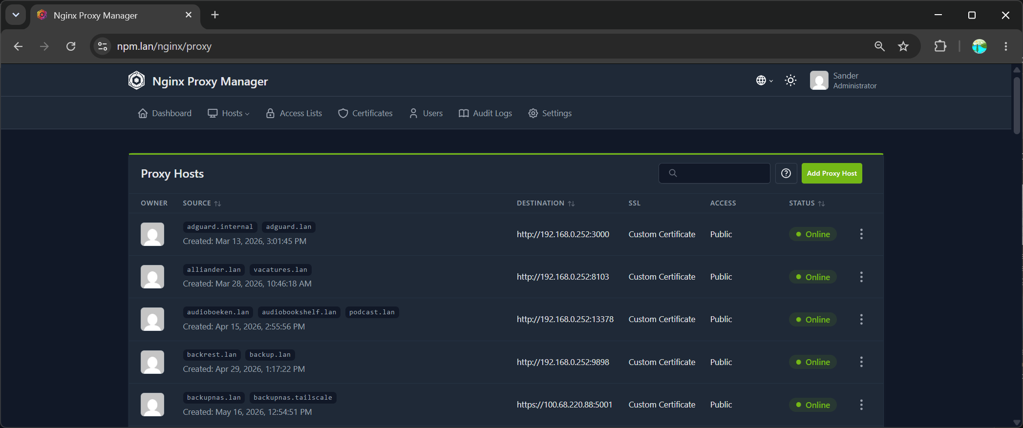 Nginx Proxy Manager met een lijst actieve proxy hosts op het homelab
